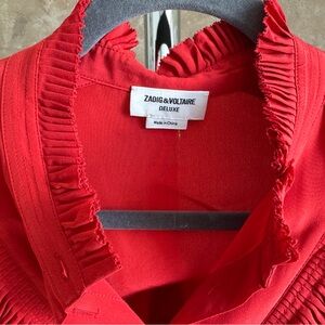 RARE Zadig & Voltaire Terracotta Rust Red Ruffled Blouse 100 Silk Designer Shirt